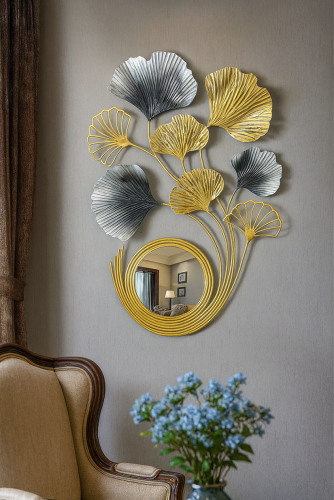 Wall Decor Cermin Tembaga/Kuningan | Dekorasi Dinding Daun 3D Elegan Modern